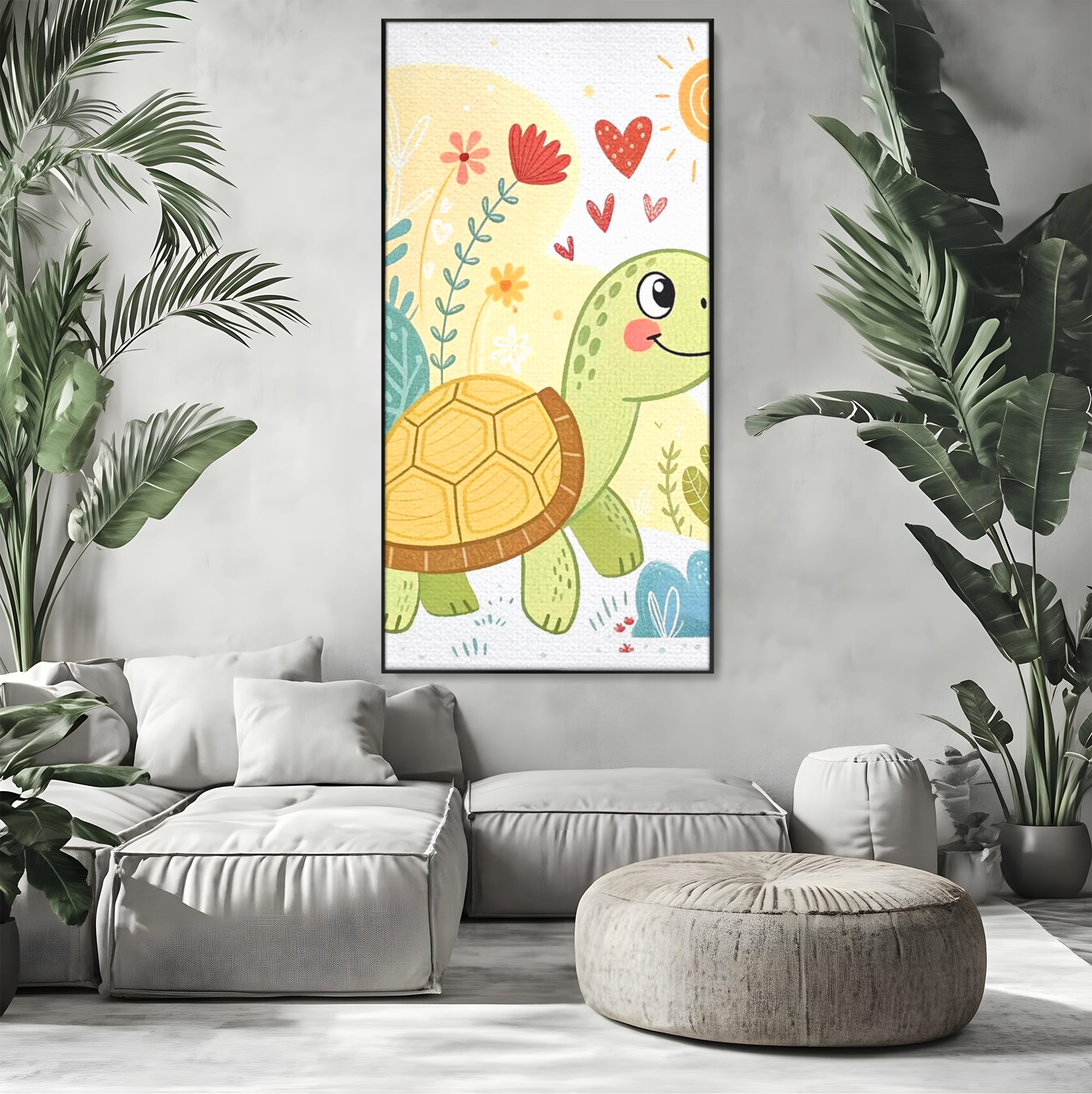 Tablou canvas cu ilustratie cu testoasa vesela printre flori, in rama de aluminiu negru, pe perete intr-un living